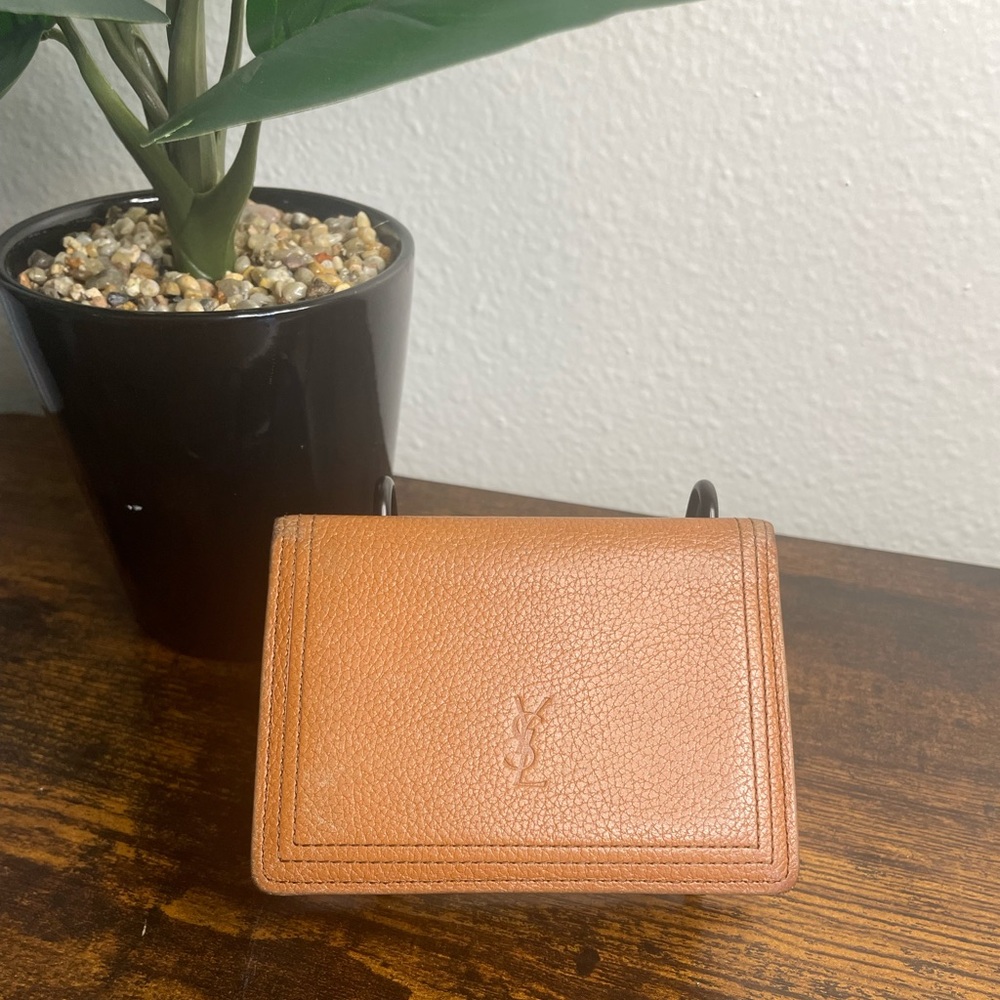 Authentic Vintage YSL Pebbled Leather ID Cardholder cognac